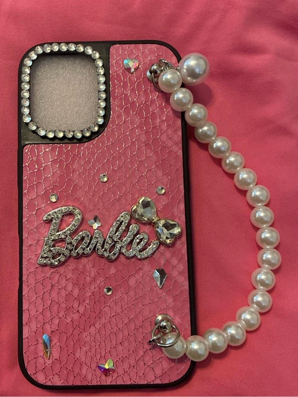 Barbie Pink Rhinestone Phone Case with Pearl Strap